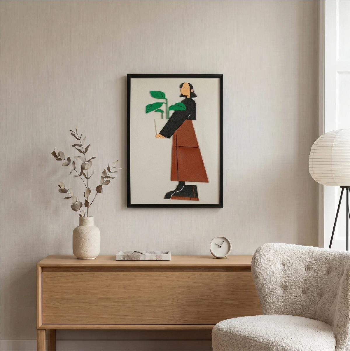 THE GIRL CARRYING MONSTERA TABLE | 3D Wooden Framed Wall Art