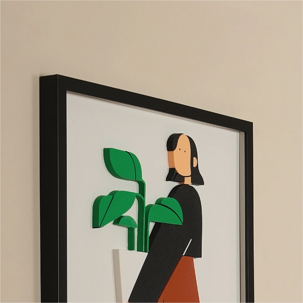 THE GIRL CARRYING MONSTERA TABLE | 3D Wooden Framed Wall Art