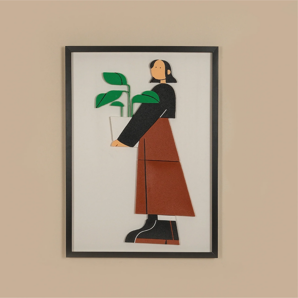THE GIRL CARRYING MONSTERA TABLE | 3D Wooden Framed Wall Art